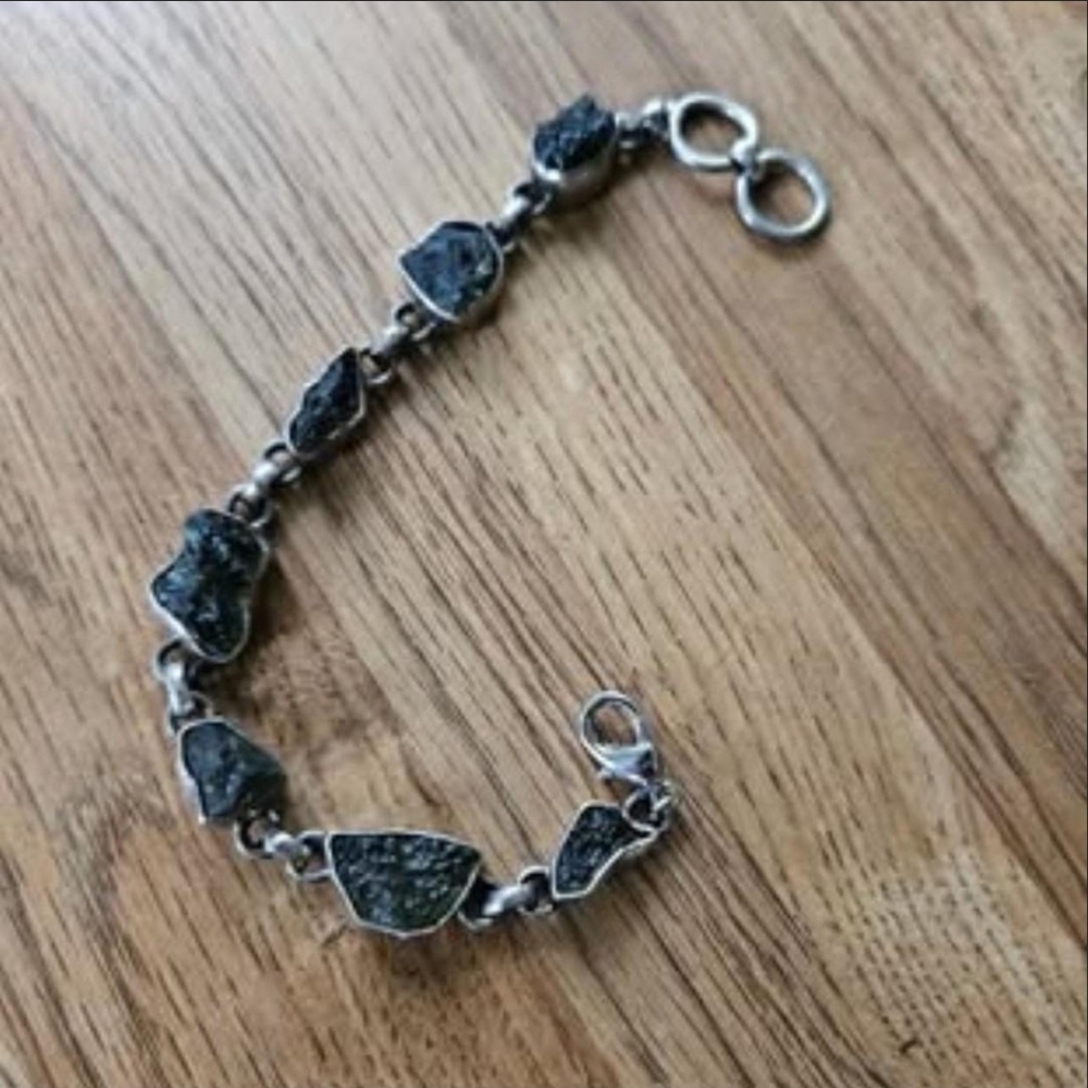 7 Moldavite Stone Bracelet with Silver Accents